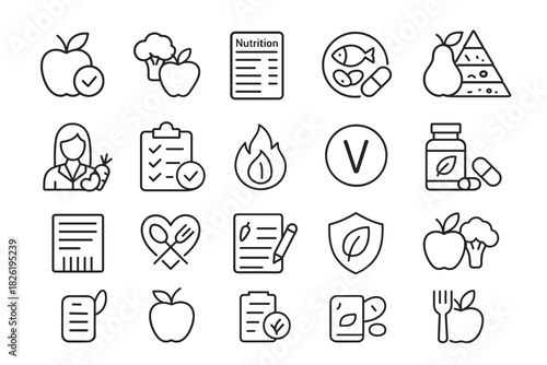 Nutrition and healthy eating icons including food pyramid and vitamins