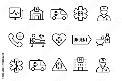 Medical emergency icons: hospital, ambulance, er, nurse symbols