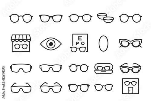 Collection of various eyeglass icons including sunglasses and contact lenses on white background