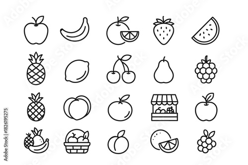 Outline icons of various fruits including apple, banana, cherry, and pineapple