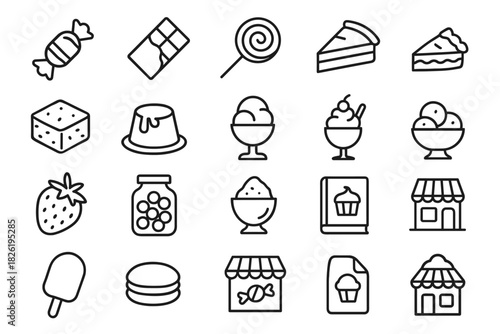 Sweet treats icon set: candy, chocolate, ice cream, cake, dessert outlines