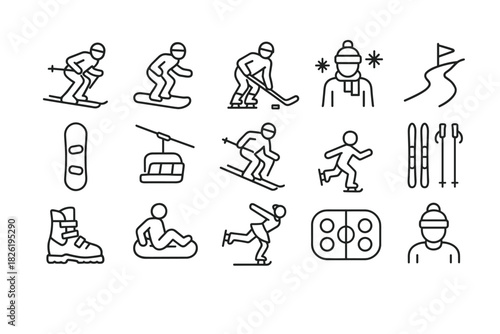 Winter sports icons: skiing, snowboarding, ice hockey, tubing, ice skating