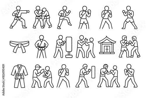 Outline icons of martial arts techniques and training set in black and white