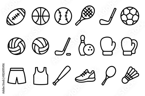 Collection of different sports equipment icons in black outline style