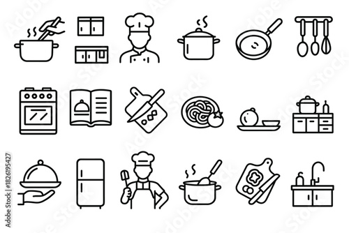 Kitchen utensils and cooking icons featuring chef, dishes, and appliances