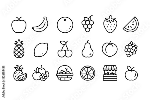 Outlined fruit gallery: bananas, apples, oranges, grapes, strawberries, and more