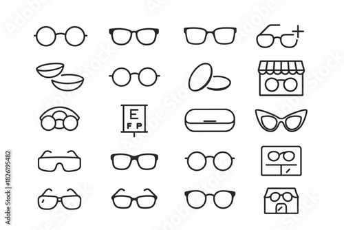 Various eyewear icons: glasses, sunglasses, contact lenses, eye test chart, optical stores