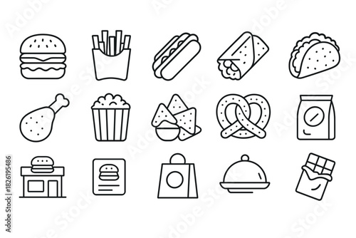 Fast food line icons: burger, fries, hot dog, burrito, taco, chicken, popcorn, nachos, pretzel, packaging