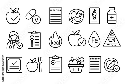 Health and nutrition icons: fruits, vegetables, vitamins, dietary guidelines and more