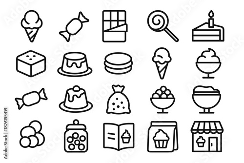 Outline icons of sweets and desserts including candy, ice cream, and cake