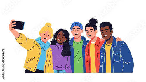 A diverse group of cheerful young friends taking a selfie together with a smartphone. Modern vector illustration of friendship and community