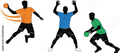 Handball players in action throwing catching and defending