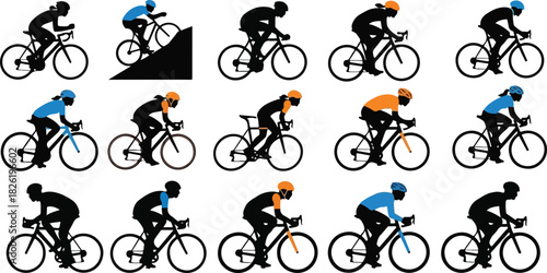 Silhouette cyclists riding bikes various colors on white background