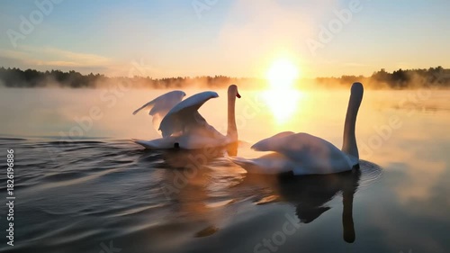 Two Swans Glide Gracefully on a Misty Lake at Sunrise.
