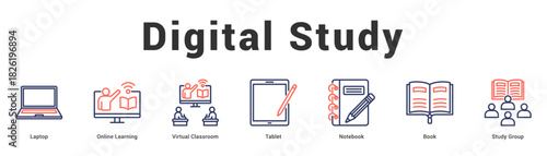 Digital Study Modern and clean web banner illustration featuring thematic icons for visual communication