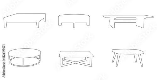 CAD drawings of multiple coffee table outline designs in front view — rectangular table, round coffee, minimalist slab, metal-frame modern, Scandinavian wooden coffee. Vector illustration