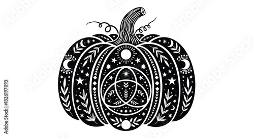 Ornate black pumpkin illustration with intricate celestial and pagan symbols like moons, stars, and a triquetra for Halloween.