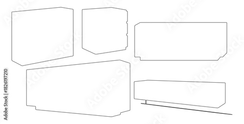 CAD drawings of various cabinet and sideboard outline designs in front view — 2-door cabinet, 3-drawer unit, sliding-door sideboard, open-shelf cabinet, modern floating cabinet. Vector illustration