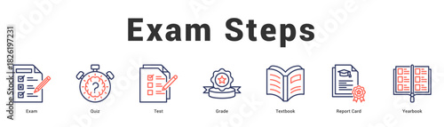 Exam Steps Modern and clean web banner illustration featuring thematic icons for visual communication