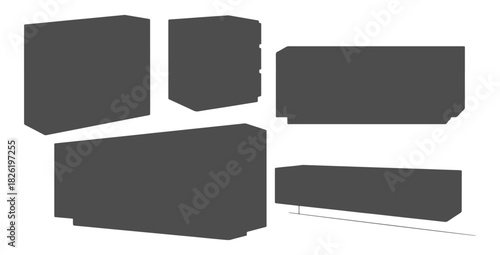 CAD drawings of various cabinet and sideboard silhouette designs in front view — 2-door cabinet, 3-drawer unit, sliding-door sideboard, open-shelf cabinet, modern floating cabinet. Vector illustration