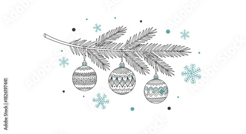 Hand-drawn Christmas illustration of a pine branch with three hanging decorative baubles and blue snowflakes on a white background.