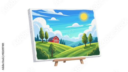 Charming rural landscape painting on an easel, showcasing a red barn amidst rolling green hills and a bright blue sky with fluffy clouds