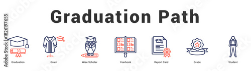 Graduation Path Modern and clean web banner illustration featuring thematic icons for visual communication