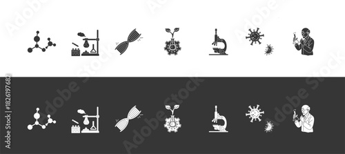 biotechnology glyph icons set includes science, laboratory, DNA, biotechnology, research, organism, scientist editable strokes with different colors and backgrounds.