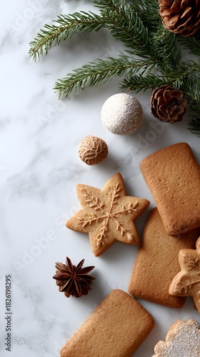 rectangular speculoos cookies background with Christmas decoration one on top of the other cover the entire background