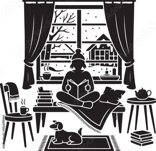 Cozy winter scene girl reading book with dog in a room