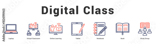 Digital Class Modern and clean web banner illustration featuring thematic icons for visual communication
