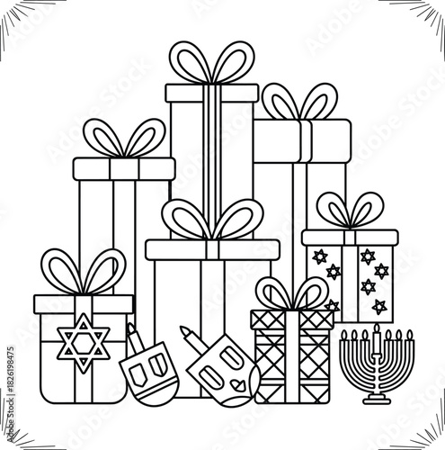 Hanukkah gifts dreidels and menorah line art holiday