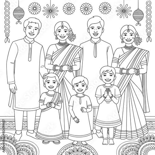 Indian Family Celebration Line Art Coloring Page people