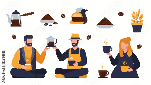 Coffee Culture Flat Vector Illustration of Coffee Preparation and Enjoyment
