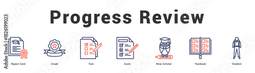Progress Review Modern and clean web banner illustration featuring thematic icons for visual communication