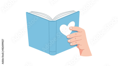 Open blue book with white heart on the cover held by a hand, educational and romantic illustration