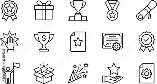 Reward, Achievement, and Success Line Icons Set: Featuring Certificate, Trophy, Medal, Gift Box, Winner, Star, Recognition, and Prize Symbols