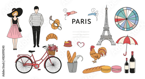 Charming hand-drawn collection of Parisian icons and symbols including the Eiffel Tower, a stylish couple, a bicycle, and food.