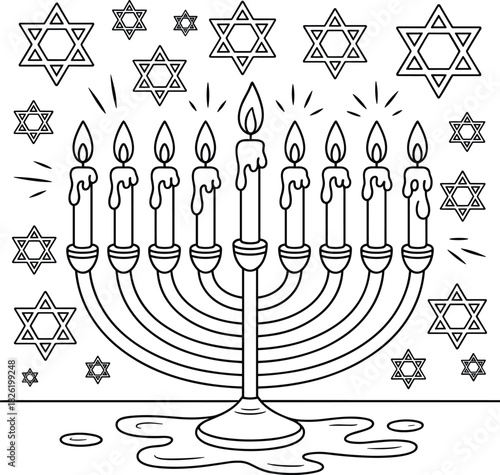 Menorah with nine lit candles and Star of David symbols