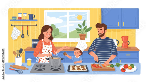 Family Cooking Together in Kitchen Preparing Food, Baking Cookies, and Enjoying Quality Time