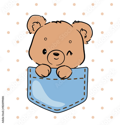 Hand Drawn Cute teddy bear illustration peeking from pocket vector illustration