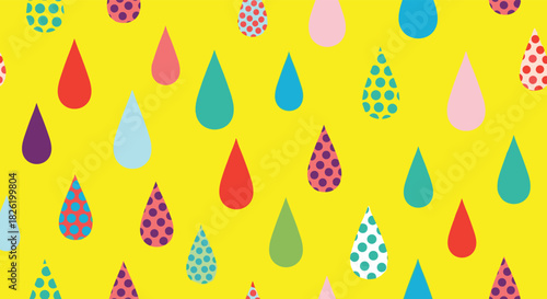 Cheerful seamless pattern of colorful and patterned raindrops in various bright colors on a vibrant solid yellow background.