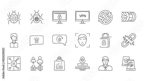 Collection of security and technology related line icons.