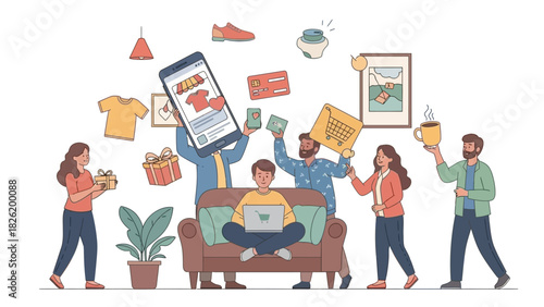 Modern lifestyle illustration of people enjoying online shopping and e-commerce from home using a laptop and smartphone
