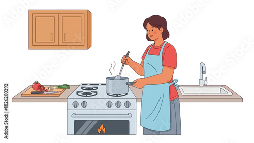 A person wearing an apron cooks on a stove in a kitchen with cabinets and a sink