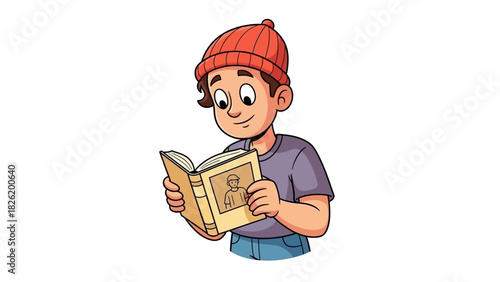 Young boy in a beanie hat reading a book, focused and engaged with illustrations