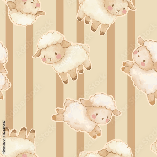 Hand Drawn Cute sheep seamless pattern on beige striped background vector illustration