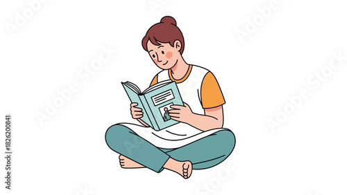 Young Woman Relaxing, Reading Book While Sitting Cross-Legged, Concept Leisure Time
