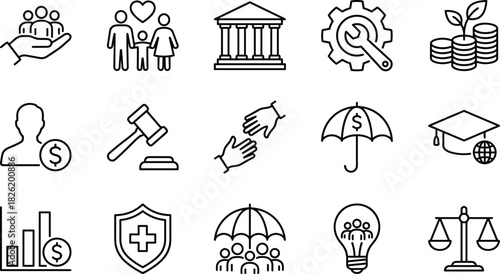 Social Services, Finance, and Legal Outline Icons Set: Insurance, Government, Investment, and Education Vector Collection