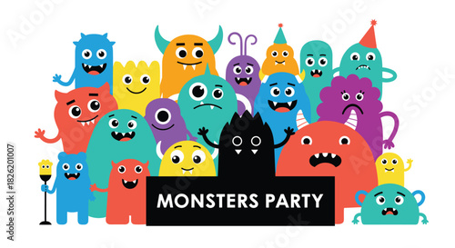Cheerful group of colorful and friendly cartoon monsters gathered for a "Monsters Party," perfect for a kids' birthday invitation.